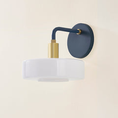Mitzi Aston Sconce - Dimmable Geometric Wall Light with Opal Glass Shade, Aged Brass & Slate Blue Finish