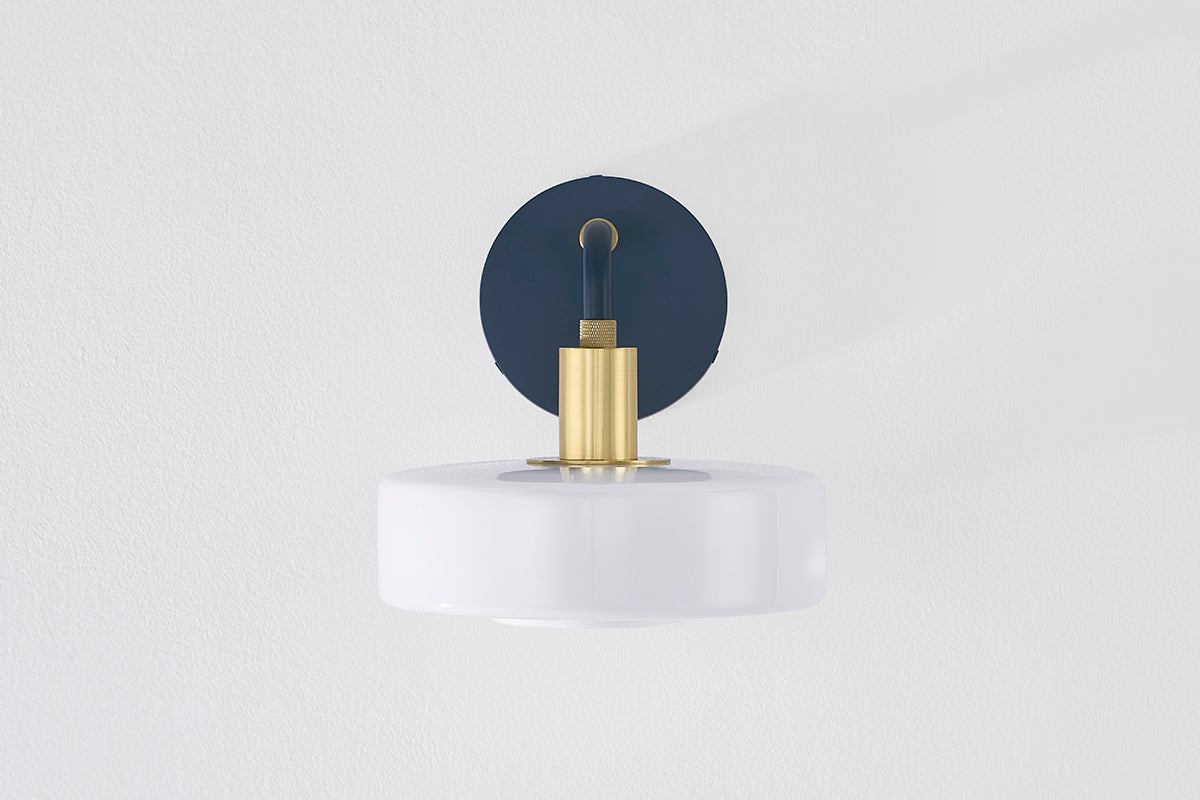 Mitzi Aston Sconce - Dimmable Geometric Wall Light with Opal Glass Shade, Aged Brass & Slate Blue Finish