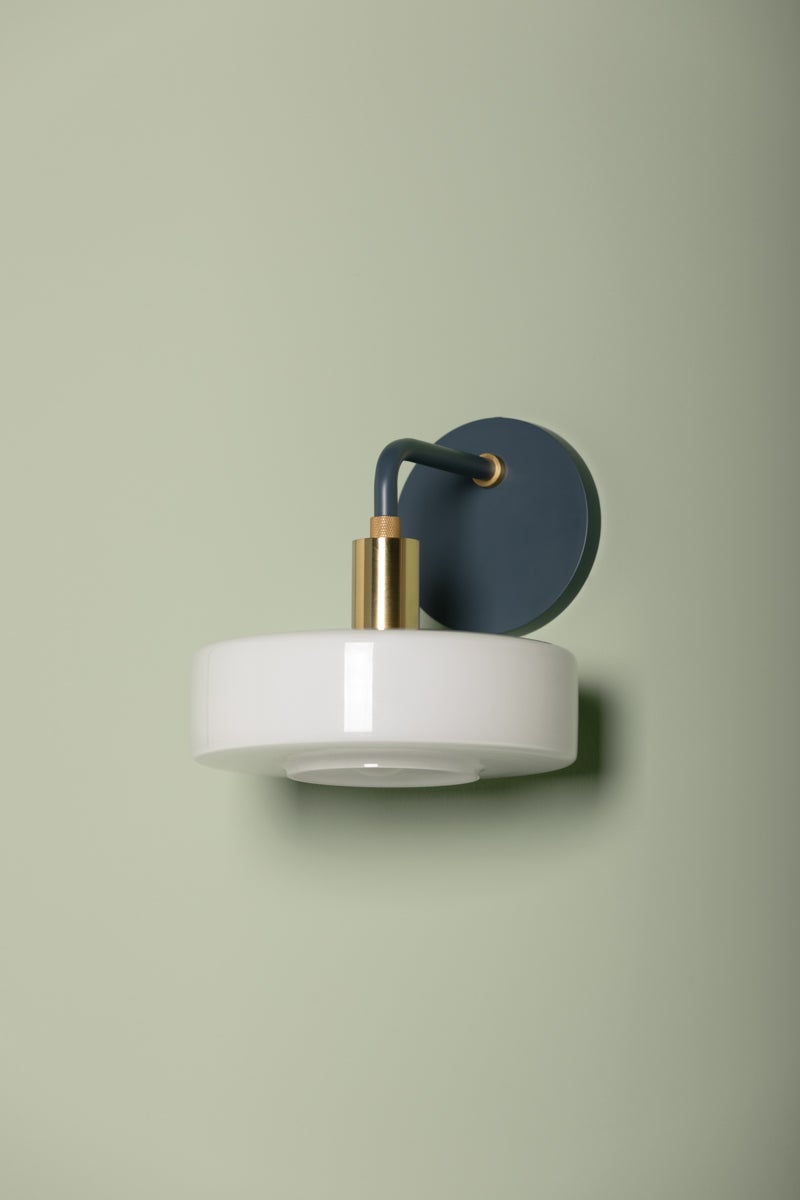 Mitzi Aston Sconce - Dimmable Geometric Wall Light with Opal Glass Shade, Aged Brass & Slate Blue Finish