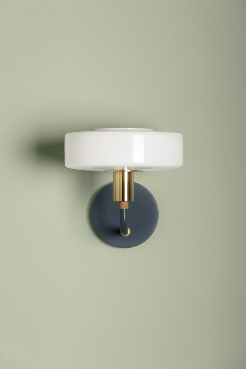 Mitzi Aston Sconce - Dimmable Geometric Wall Light with Opal Glass Shade, Aged Brass & Slate Blue Finish