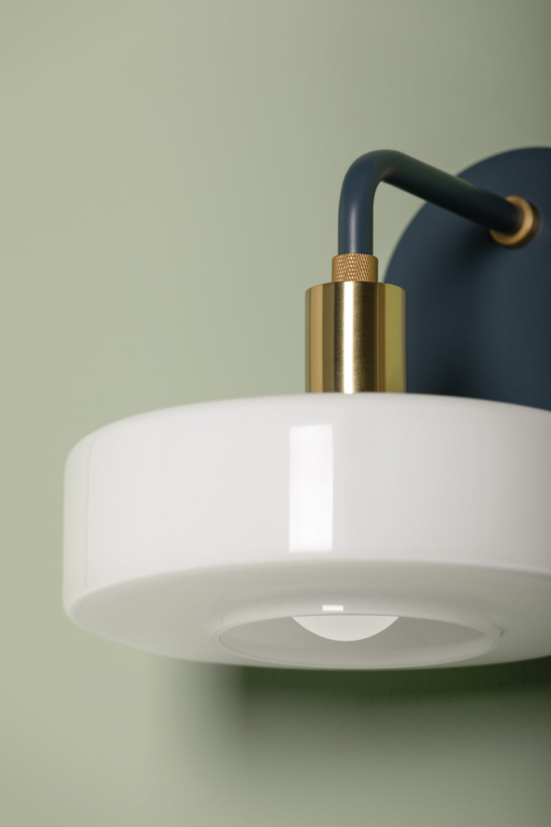 Mitzi Aston Sconce - Dimmable Geometric Wall Light with Opal Glass Shade, Aged Brass & Slate Blue Finish