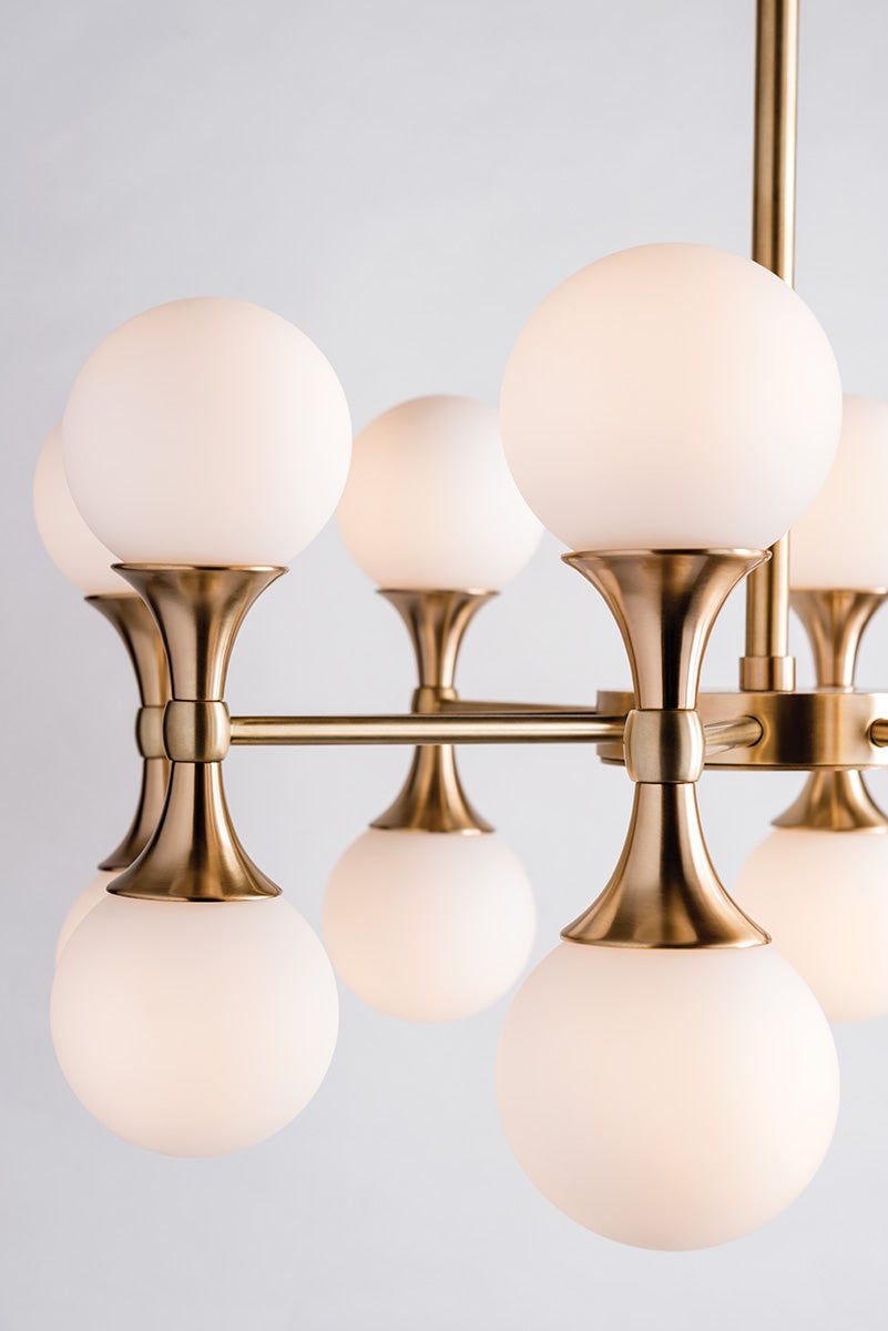 Astoria 20-Light Aged Brass Chandelier with Opal Matte Glass Shades and Dimmable Functionality