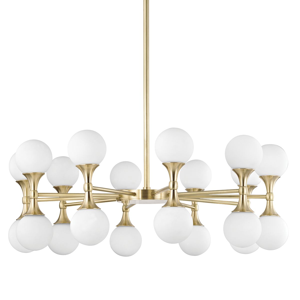 Astoria 20-Light Aged Brass Chandelier with Opal Matte Glass Shades and Dimmable Functionality