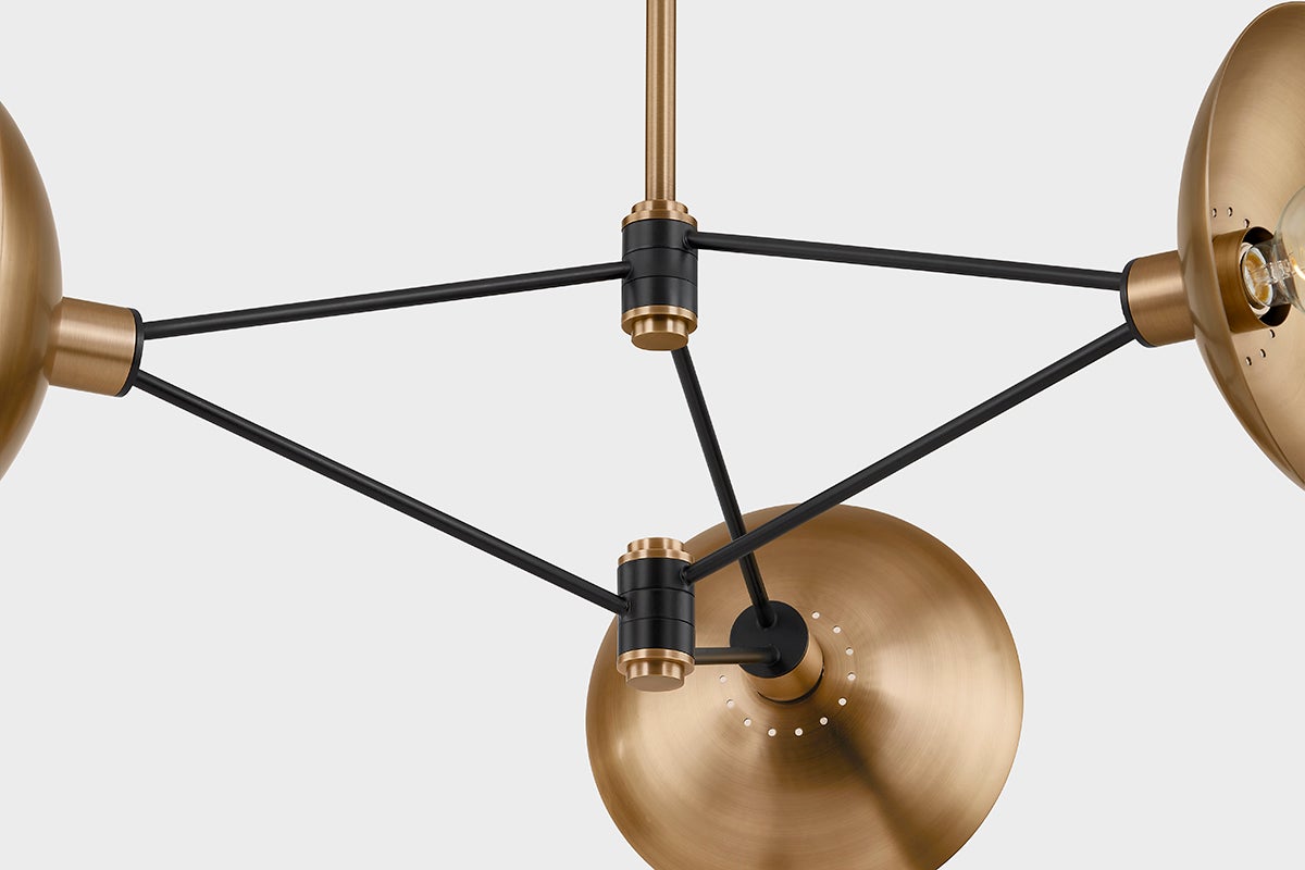 Axel Chandelier by Troy Lighting, Modern Design with Soft Black Finish & Patina Brass Accents, 36" Wide