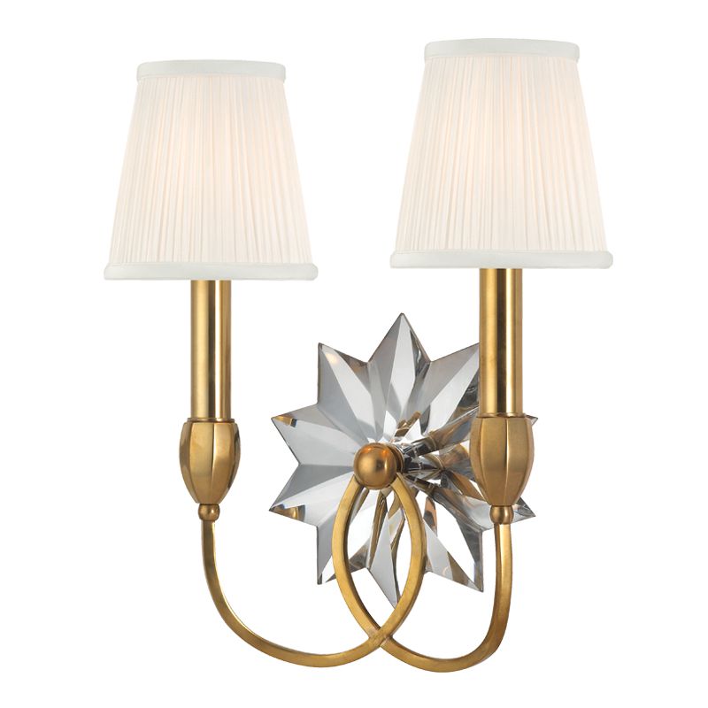 Barton 2-Light Wall Sconce by Hudson Valley Lighting, Aged Brass Finish, Silk Shade, Crystal Accents