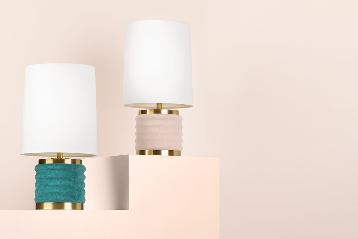 Bethany Table Lamp by Mitzi, Aged Brass and Soft Blush Shade, Dimmable, Vintage Charm