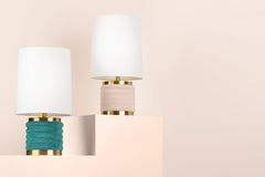 Bethany Table Lamp by Mitzi, Aged Brass and Soft Blush Shade, Dimmable, Vintage Charm
