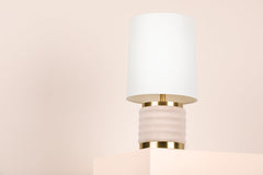Bethany Table Lamp by Mitzi, Aged Brass and Soft Blush Shade, Dimmable, Vintage Charm