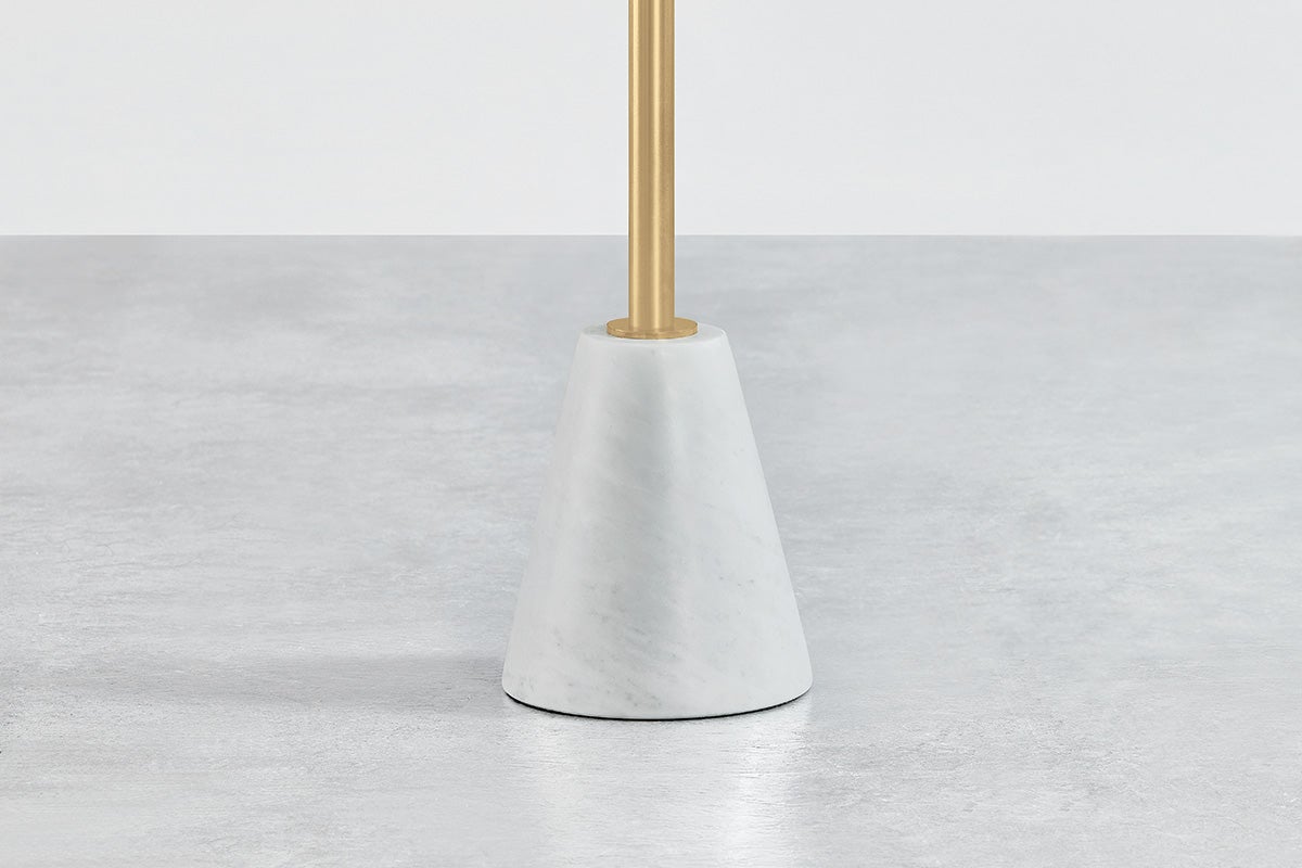 Mitzi Bianca Floor Lamp: Dimmable, Carrara Marble Base, Aged Brass Finish, Linen Shade