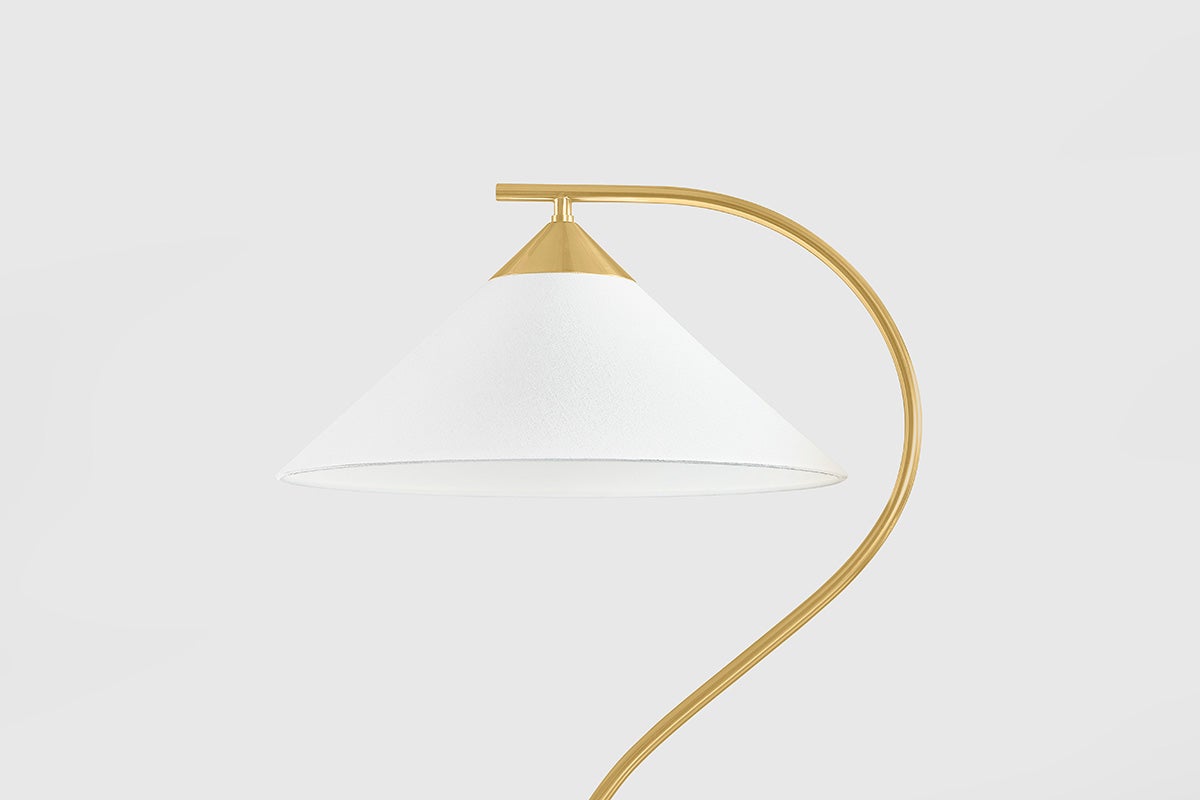 Mitzi Bianca Floor Lamp: Dimmable, Carrara Marble Base, Aged Brass Finish, Linen Shade