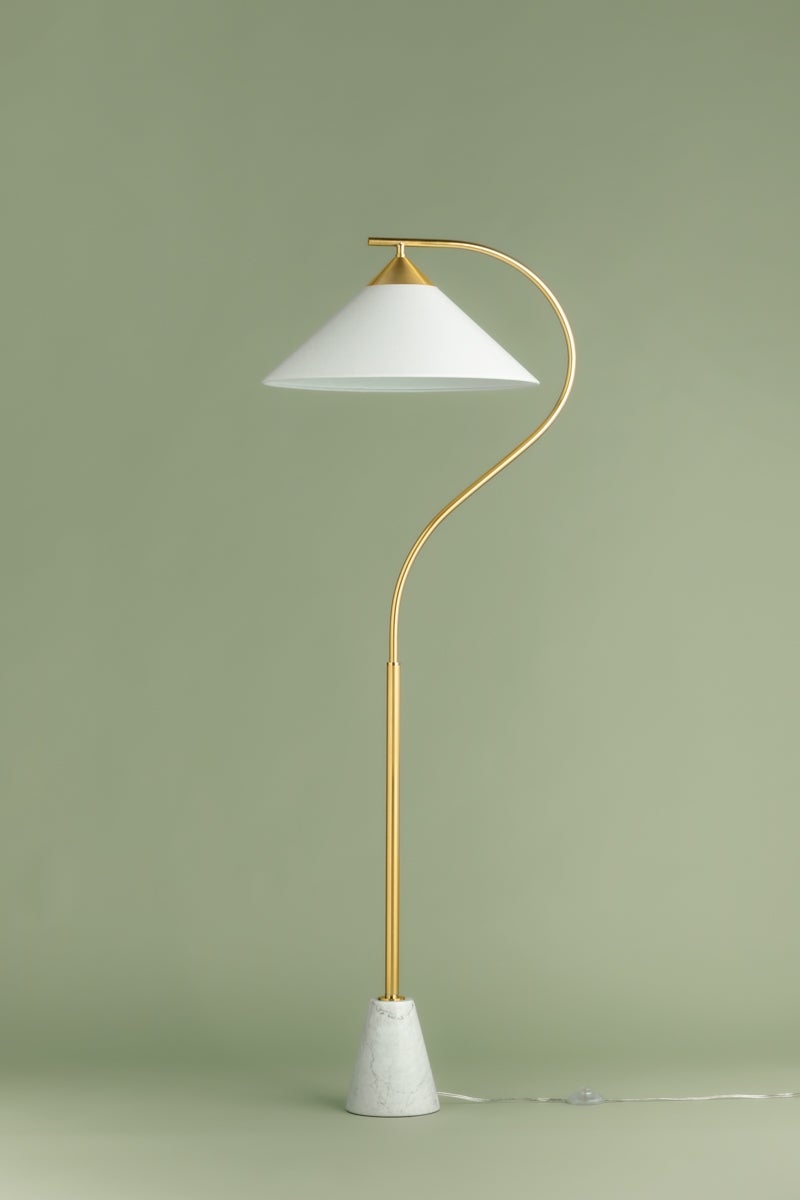 Mitzi Bianca Floor Lamp: Dimmable, Carrara Marble Base, Aged Brass Finish, Linen Shade