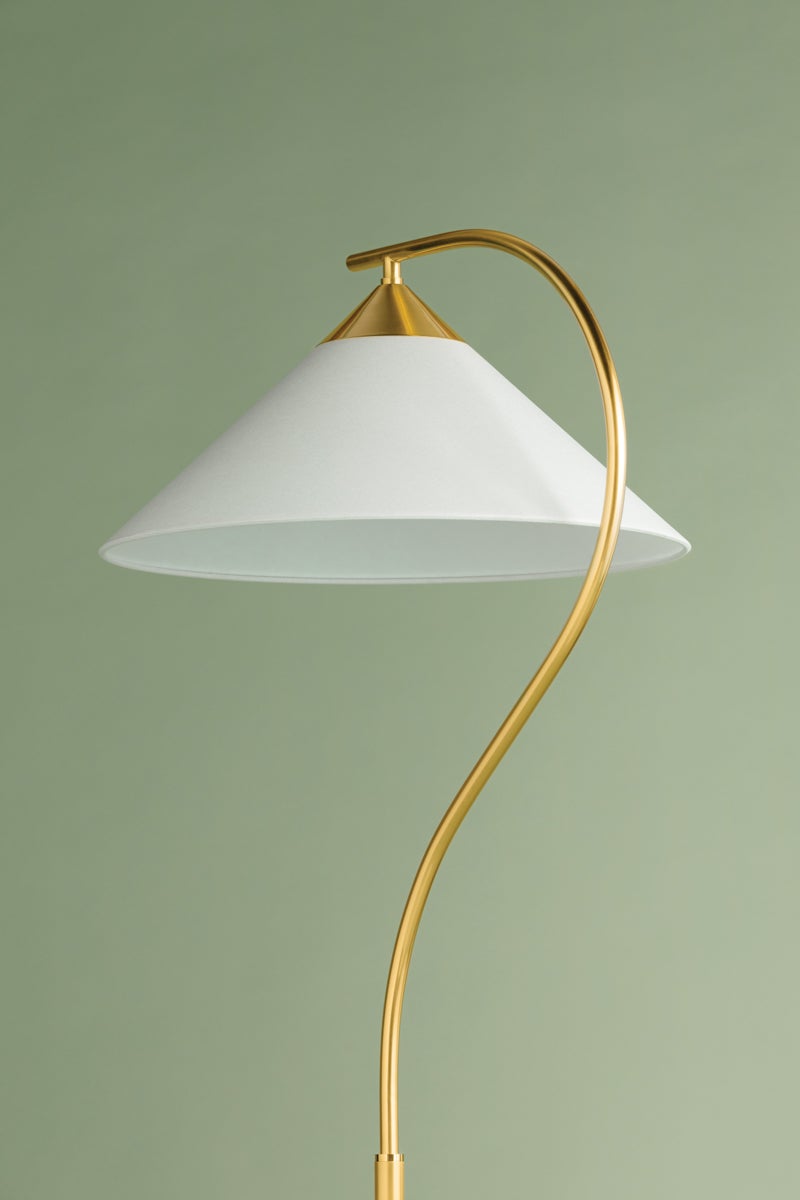 Mitzi Bianca Floor Lamp: Dimmable, Carrara Marble Base, Aged Brass Finish, Linen Shade