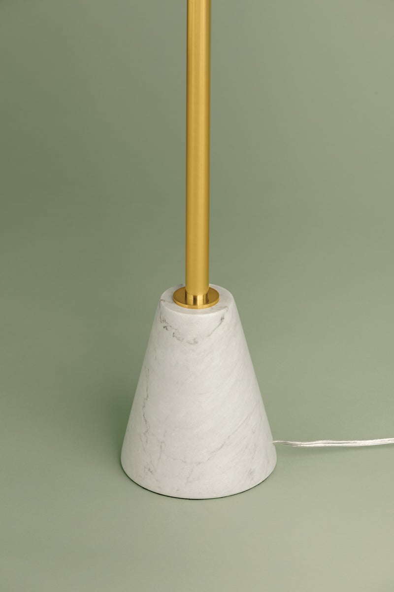 Mitzi Bianca Floor Lamp: Dimmable, Carrara Marble Base, Aged Brass Finish, Linen Shade