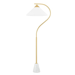 Mitzi Bianca Floor Lamp: Dimmable, Carrara Marble Base, Aged Brass Finish, Linen Shade