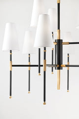 Bowery 9-Light Chandelier in Aged Old Bronze with Dimmable Capability and White Linen Shades