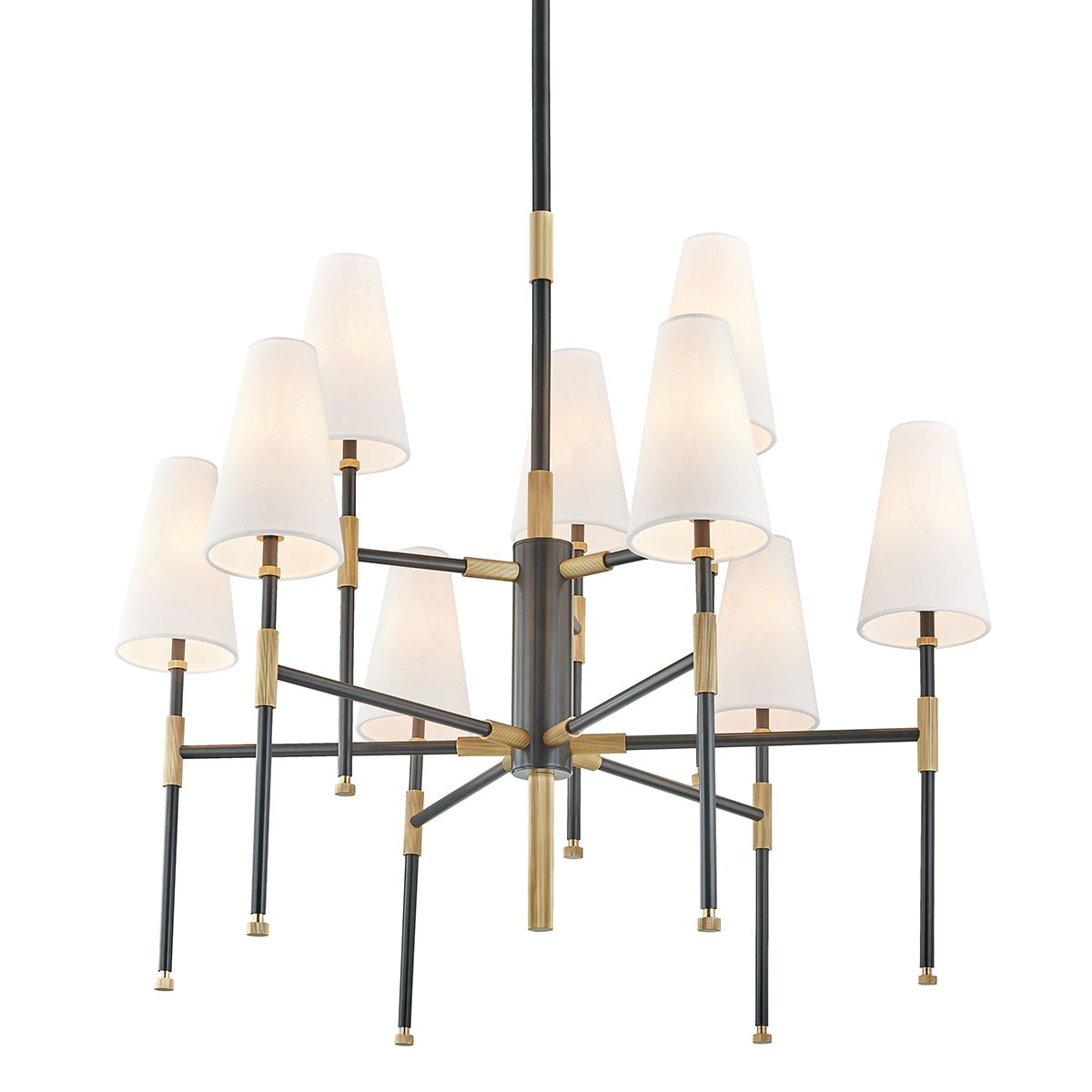 Bowery 9-Light Chandelier in Aged Old Bronze with Dimmable Capability and White Linen Shades