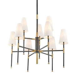 Bowery 9-Light Chandelier in Aged Old Bronze with Dimmable Capability and White Linen Shades