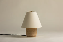 Bronte Table Lamp 14.5" Height Natural Travertine Base Patina Brass Finish E26 Dimmable Shade