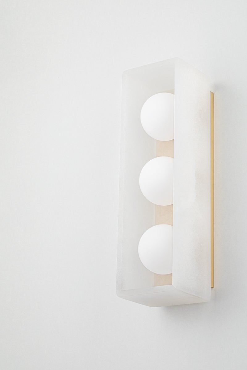Budnick 3-Light Vanity Light by Hudson Valley Lighting in Aged Brass with Opal Matte Glass Shades
