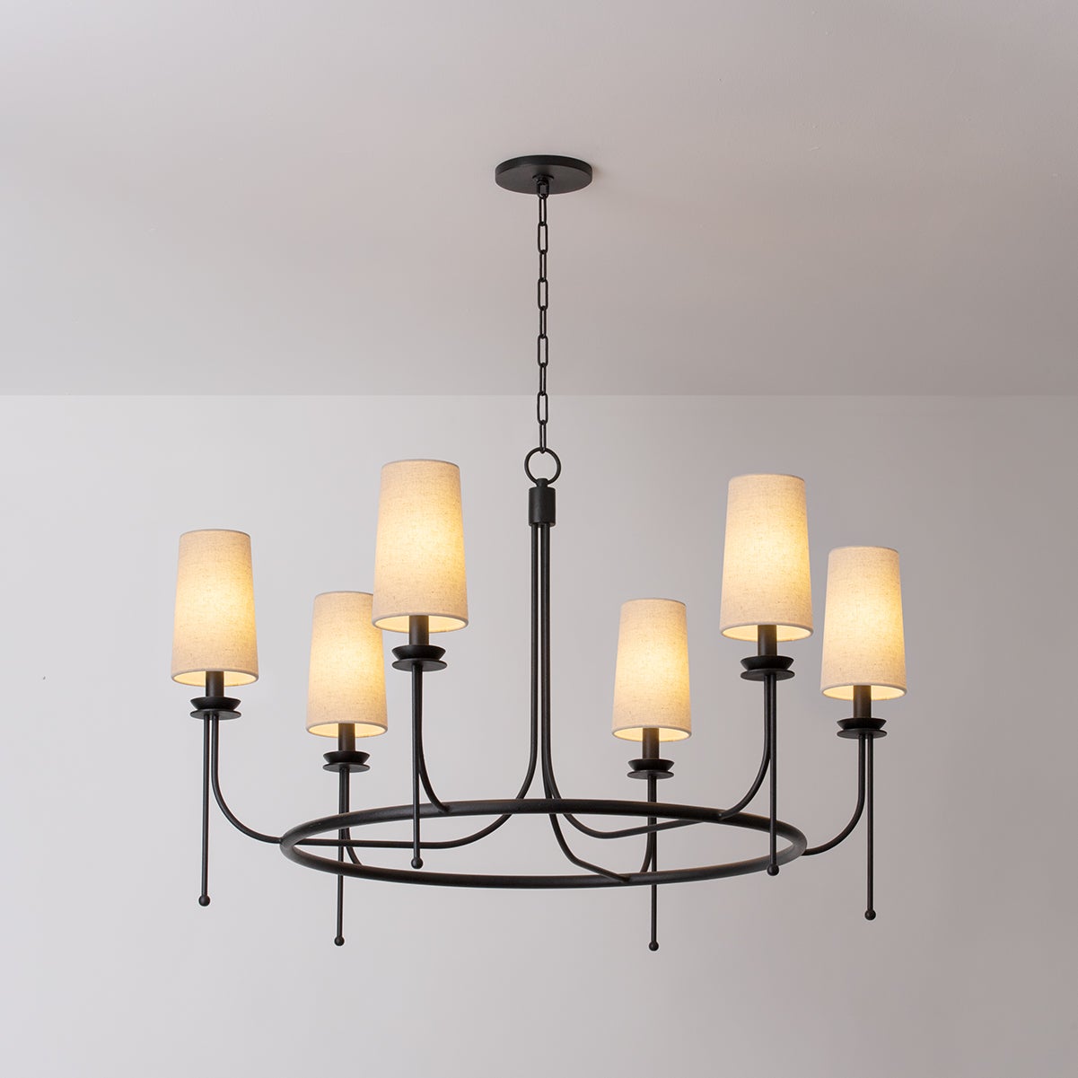 Calder Chandelier With 6 Lights, Adjustable Height, Forged Iron Finish & White Linen Shade