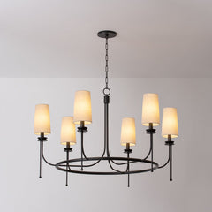 Calder Chandelier With 6 Lights, Adjustable Height, Forged Iron Finish & White Linen Shade