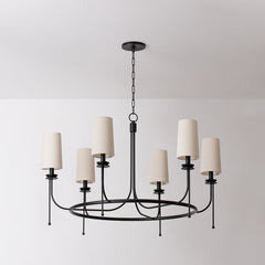 Calder Chandelier With 6 Lights, Adjustable Height, Forged Iron Finish & White Linen Shade