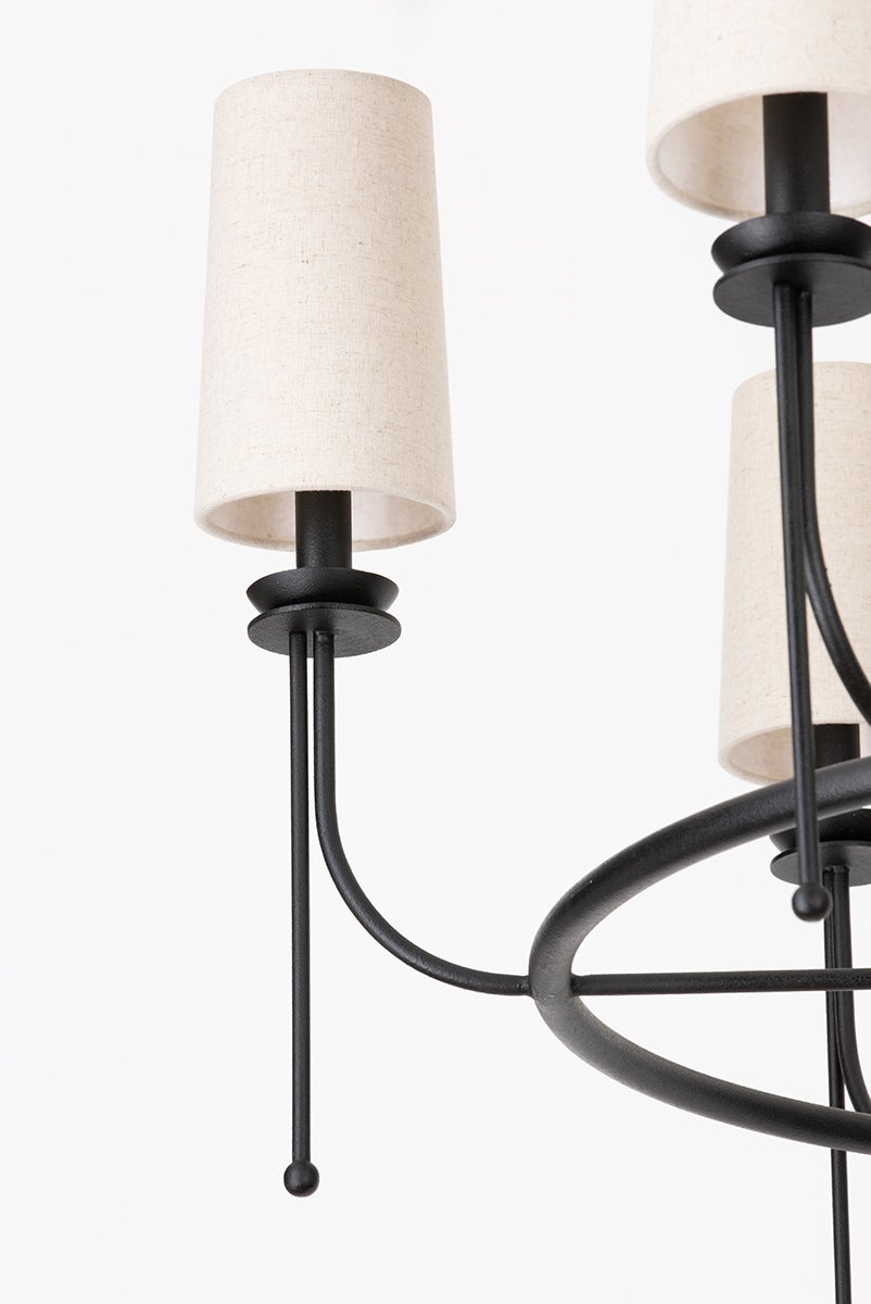 Calder Chandelier With 6 Lights, Adjustable Height, Forged Iron Finish & White Linen Shade