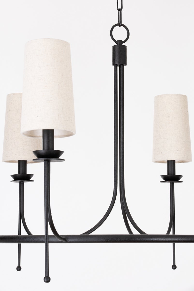 Calder Chandelier With 6 Lights, Adjustable Height, Forged Iron Finish & White Linen Shade