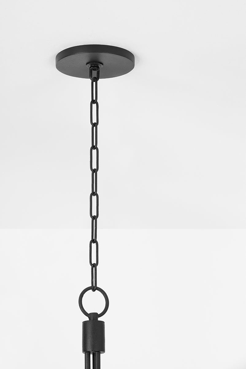 Calder Chandelier With 6 Lights, Adjustable Height, Forged Iron Finish & White Linen Shade