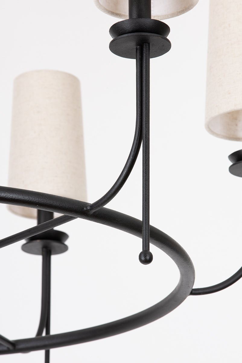 Calder Chandelier With 6 Lights, Adjustable Height, Forged Iron Finish & White Linen Shade