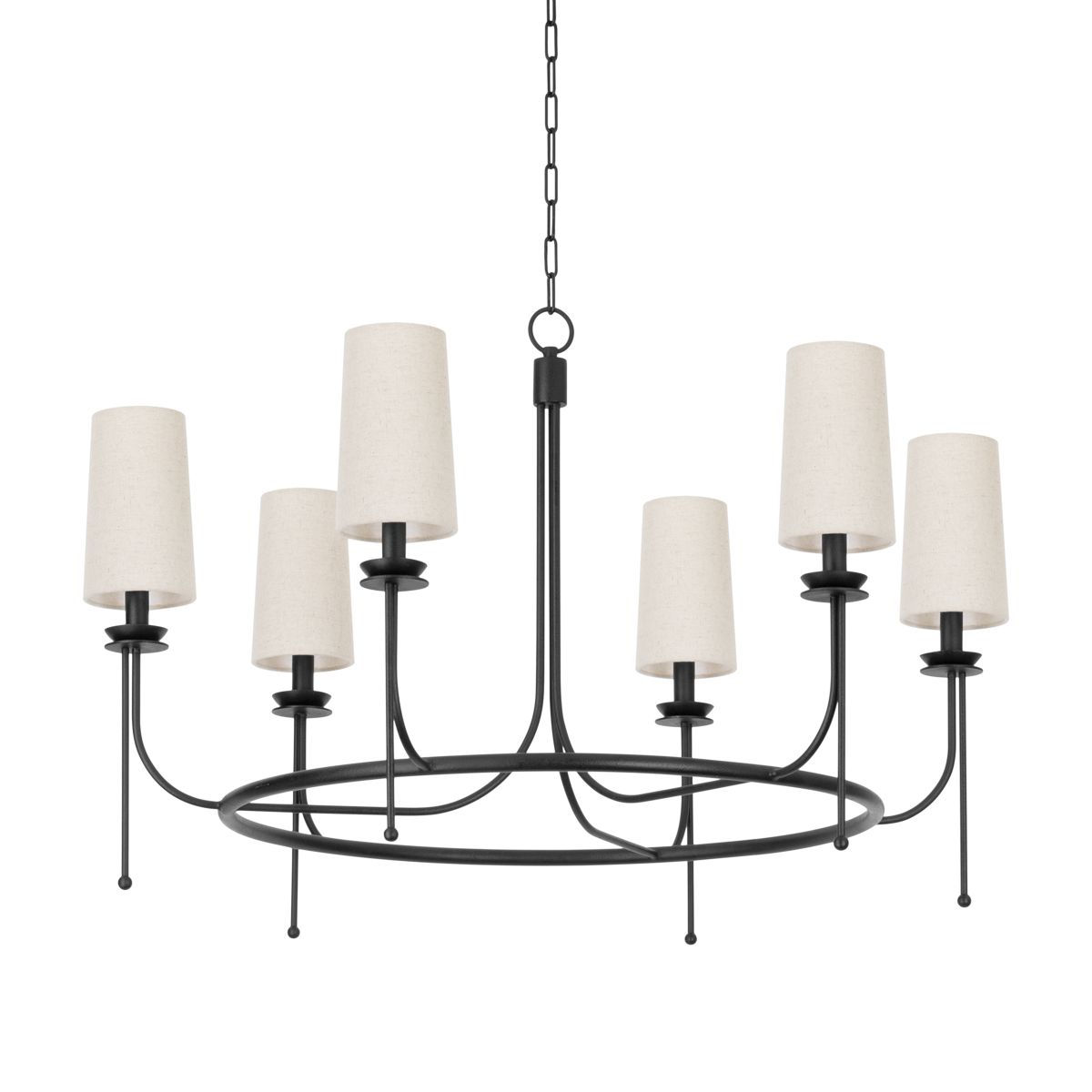 Calder Chandelier With 6 Lights, Adjustable Height, Forged Iron Finish & White Linen Shade