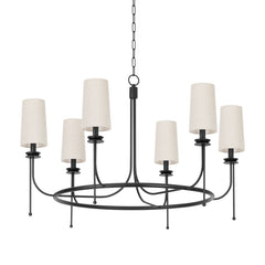 Calder Chandelier With 6 Lights, Adjustable Height, Forged Iron Finish & White Linen Shade