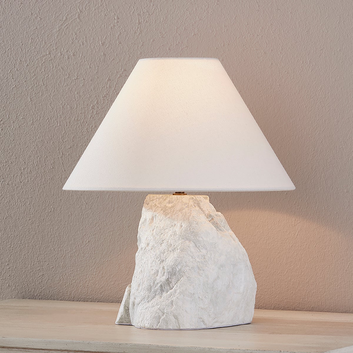 Carver Table Lamp by Troy Lighting, 14" High with Patina Brass Finish and Off-White Linen Shade