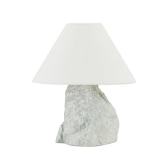 Carver Table Lamp by Troy Lighting, 14" High with Patina Brass Finish and Off-White Linen Shade