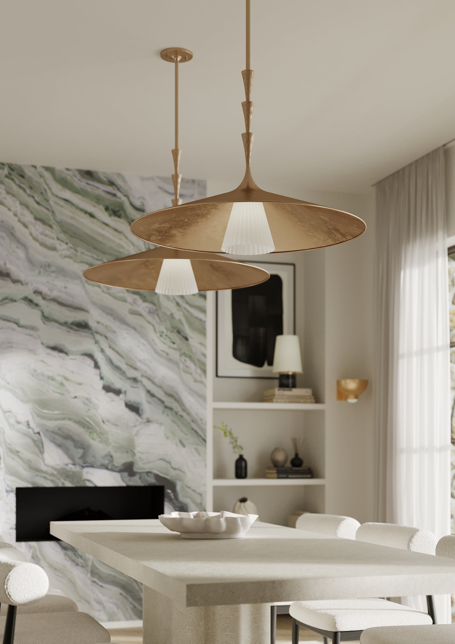 Vails Gate Large Pendant Light by Hudson Valley Lighting, Opal Glossy Glass, Vintage Gold Leaf Finish, 31.75"-86" Adjustable Height