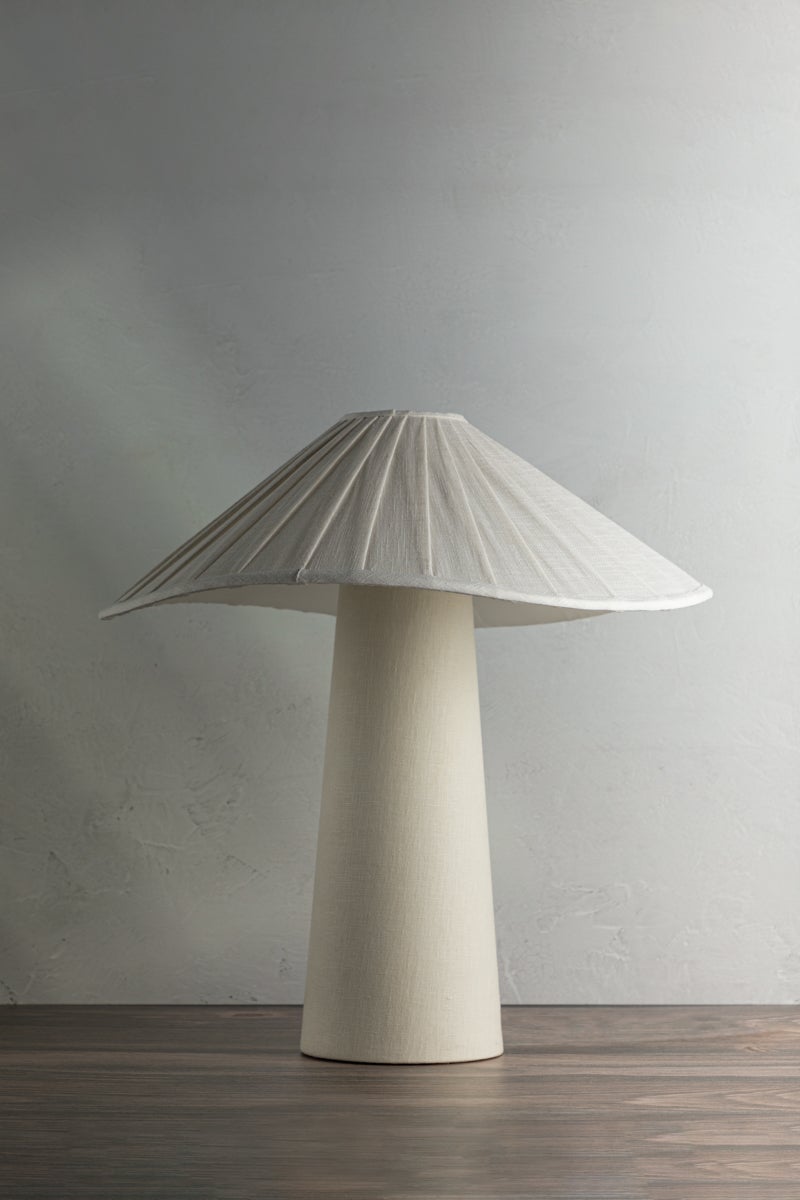 Chanterelle Table Lamp 19.25 Inches Tall with Pleated Linen Shade and Patina Brass Finish
