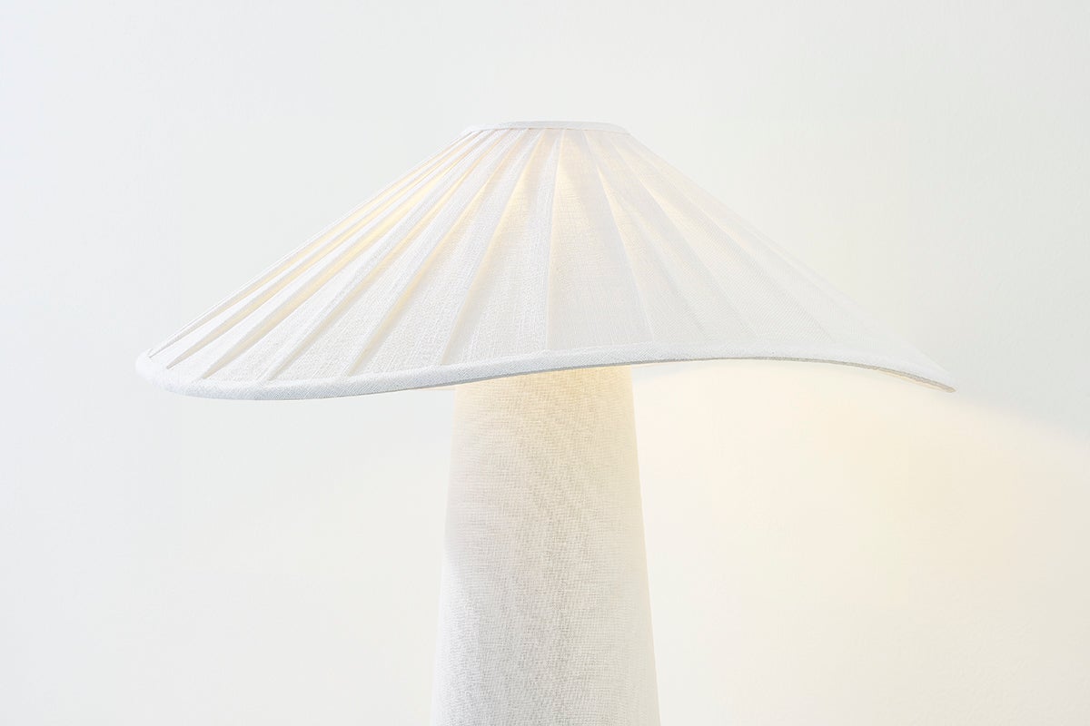 Chanterelle Table Lamp 19.25 Inches Tall with Pleated Linen Shade and Patina Brass Finish