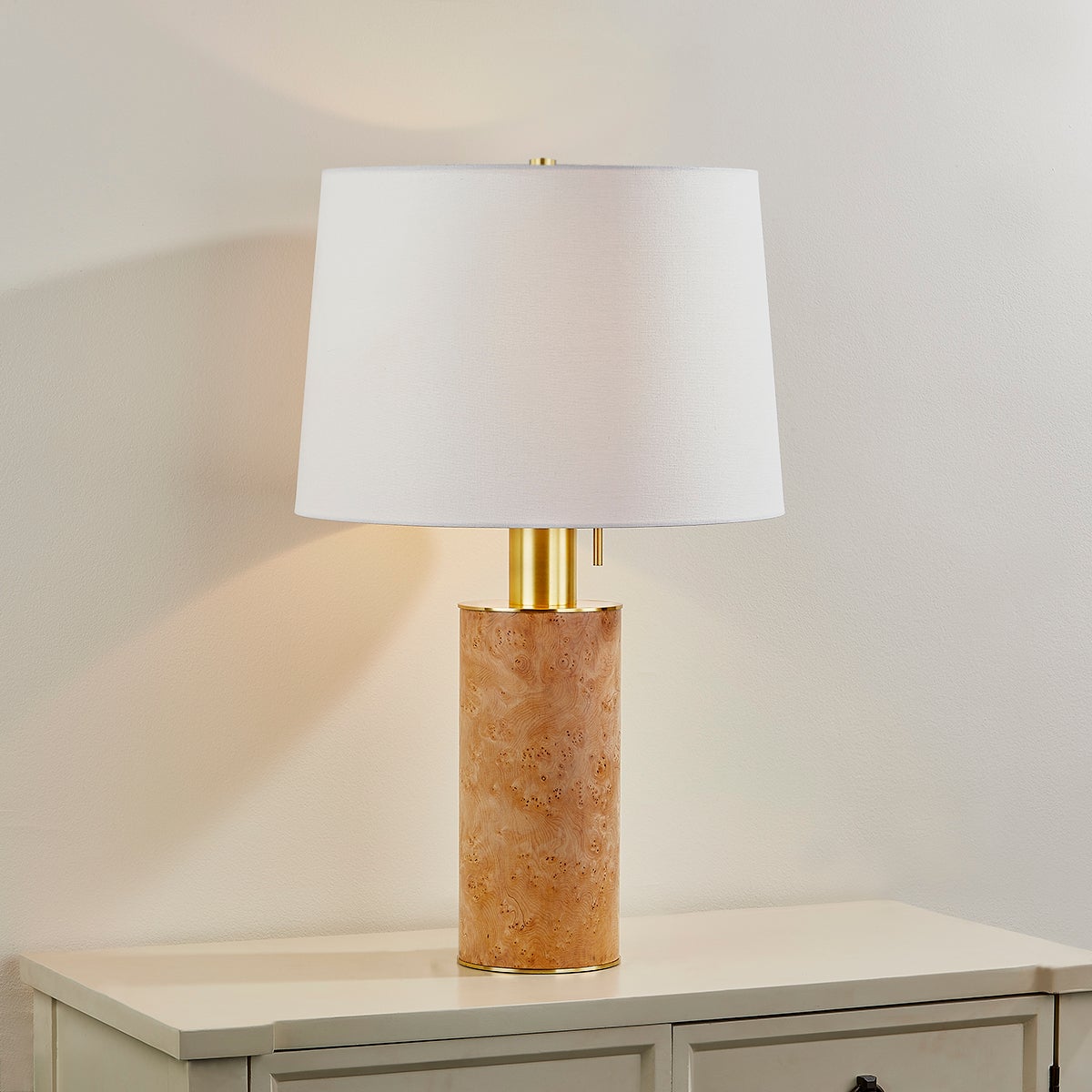 Clarissa Table Lamp 27.25" Tall with Burl Wood Veneer and Aged Brass Finish, Dimmable Design