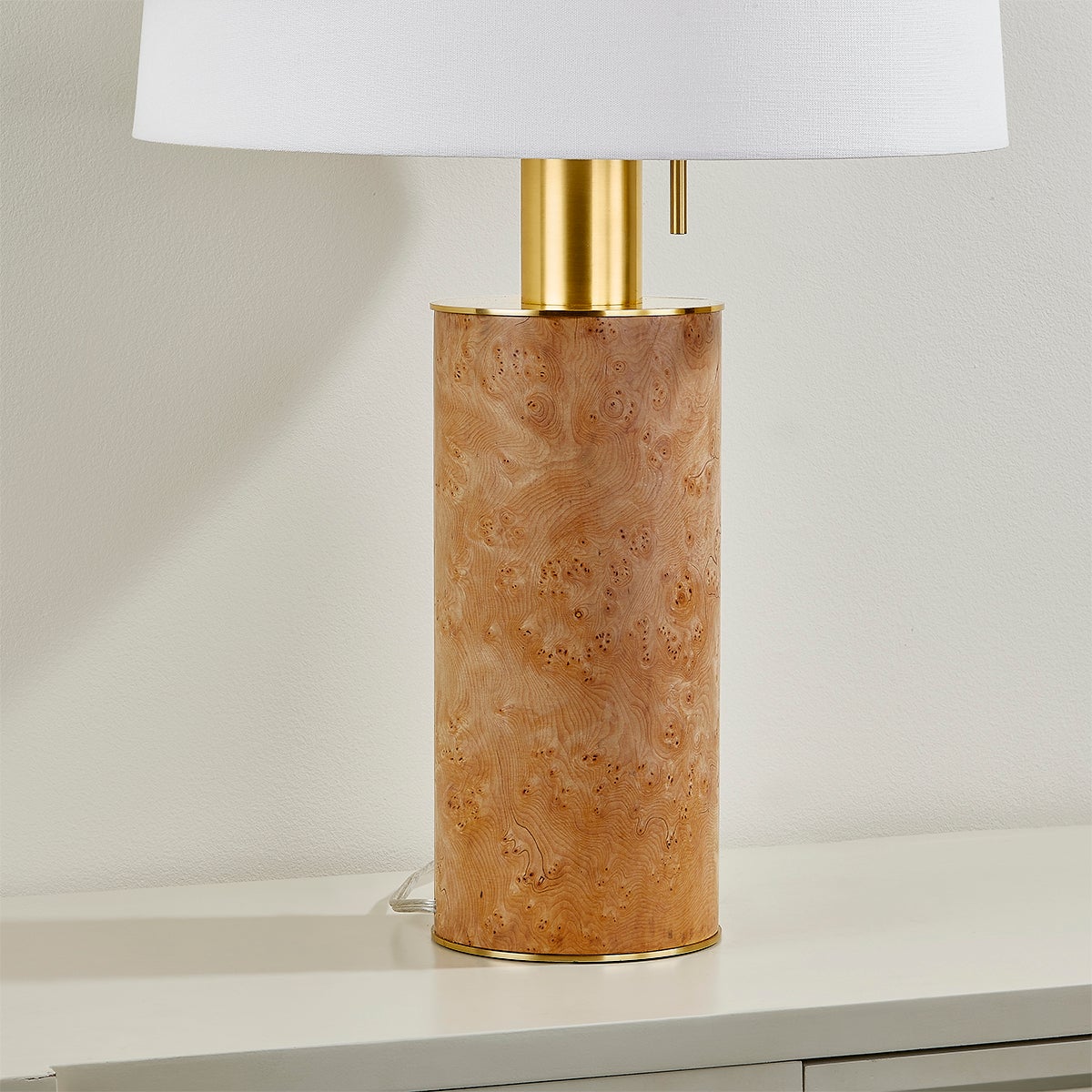 Clarissa Table Lamp 27.25" Tall with Burl Wood Veneer and Aged Brass Finish, Dimmable Design