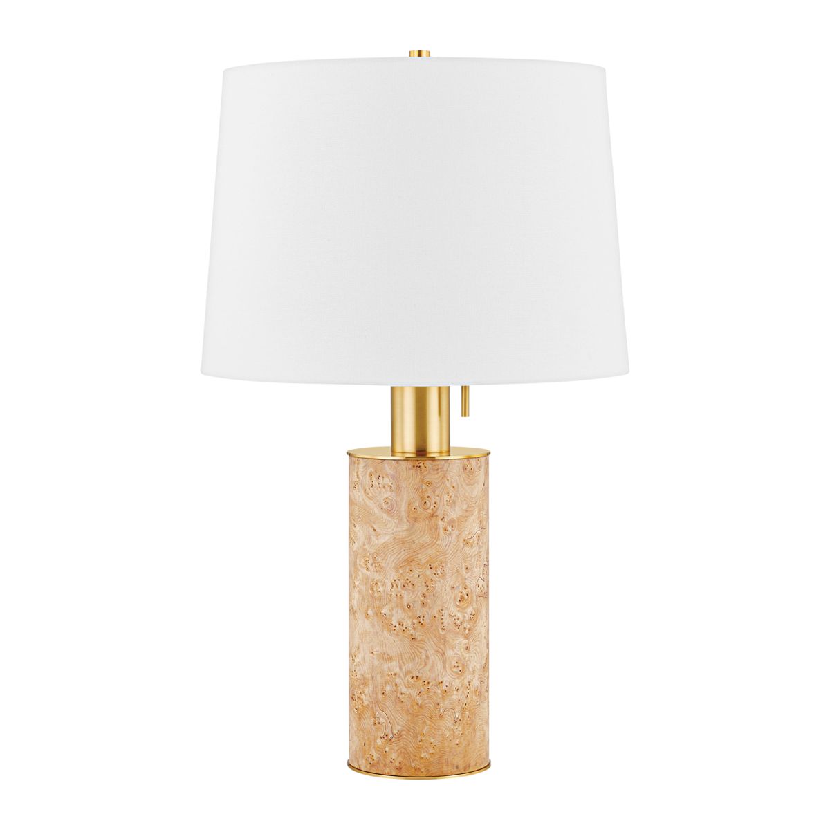 Clarissa Table Lamp 27.25" Tall with Burl Wood Veneer and Aged Brass Finish, Dimmable Design