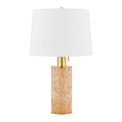 Clarissa Table Lamp 27.25" Tall with Burl Wood Veneer and Aged Brass Finish, Dimmable Design