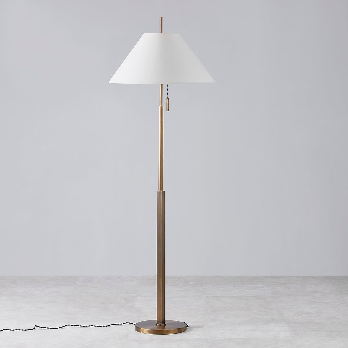 Troy Lighting Clic Floor Lamp 69.25" Tall Dimmable Patina Brass Finish Off-White Linen Shade