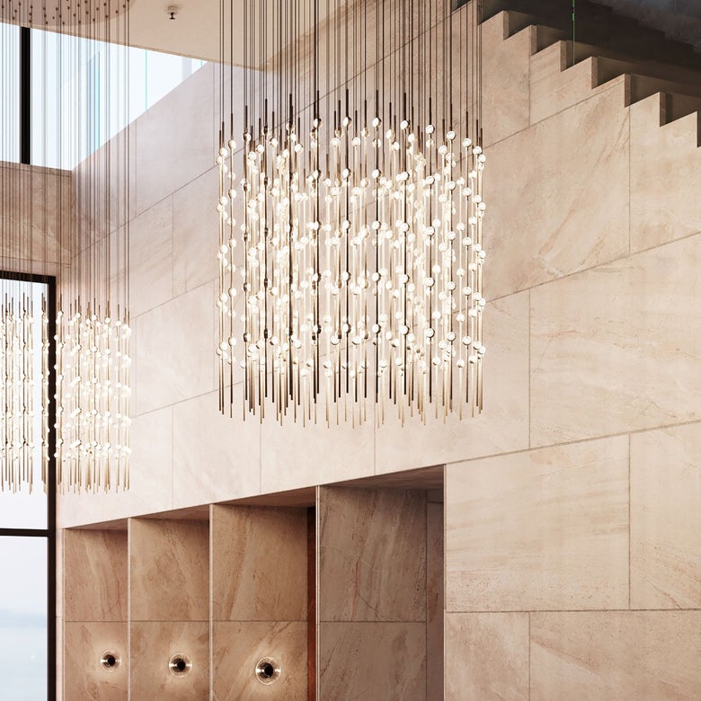 Constellation Centaurus Cylinder LED Chandelier by SONNEMAN - Dimmable, 86,000 Lumens, Satin Brass/Nickel