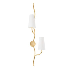 Cortona 2-Light Wall Sconce by Corbett Lighting in Vintage Gold Leaf with Dimmable White Linen Shades