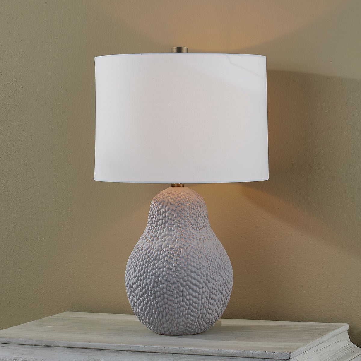 Crater Table Lamp by Troy Lighting, 25.5" Height, Dimmer, Patina Brass Finish, White Linen Shade