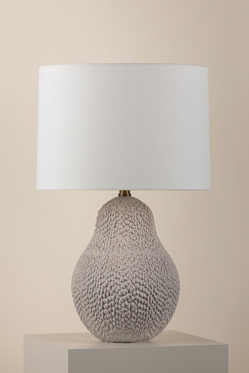 Crater Table Lamp by Troy Lighting, 25.5" Height, Dimmer, Patina Brass Finish, White Linen Shade