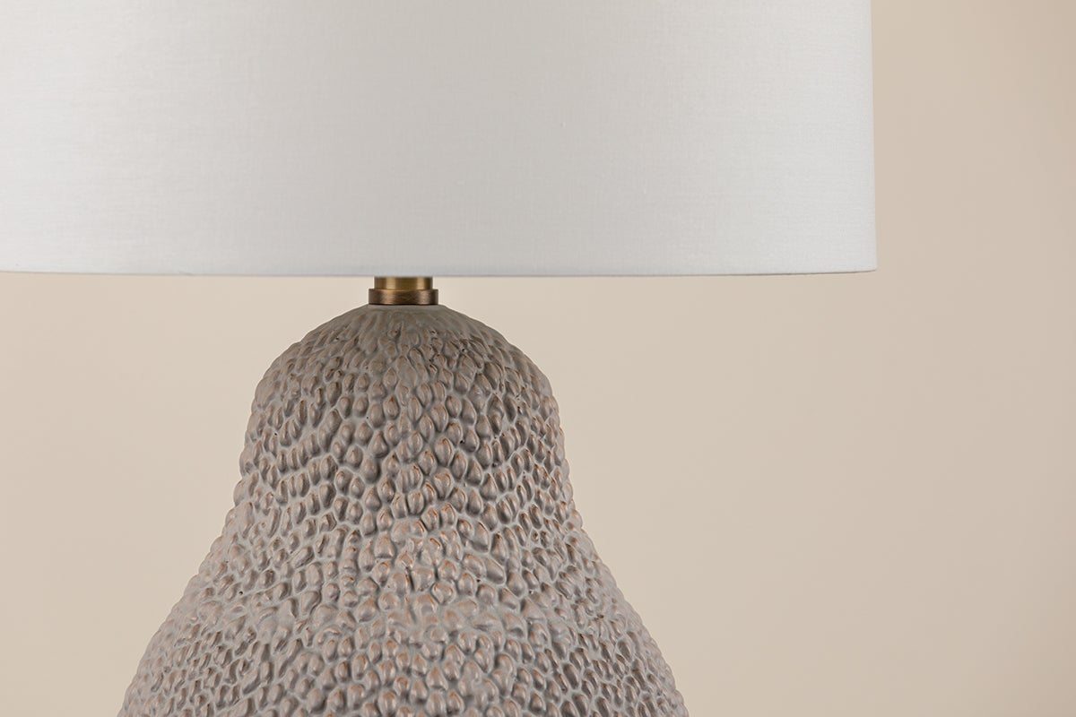 Crater Table Lamp by Troy Lighting, 25.5" Height, Dimmer, Patina Brass Finish, White Linen Shade