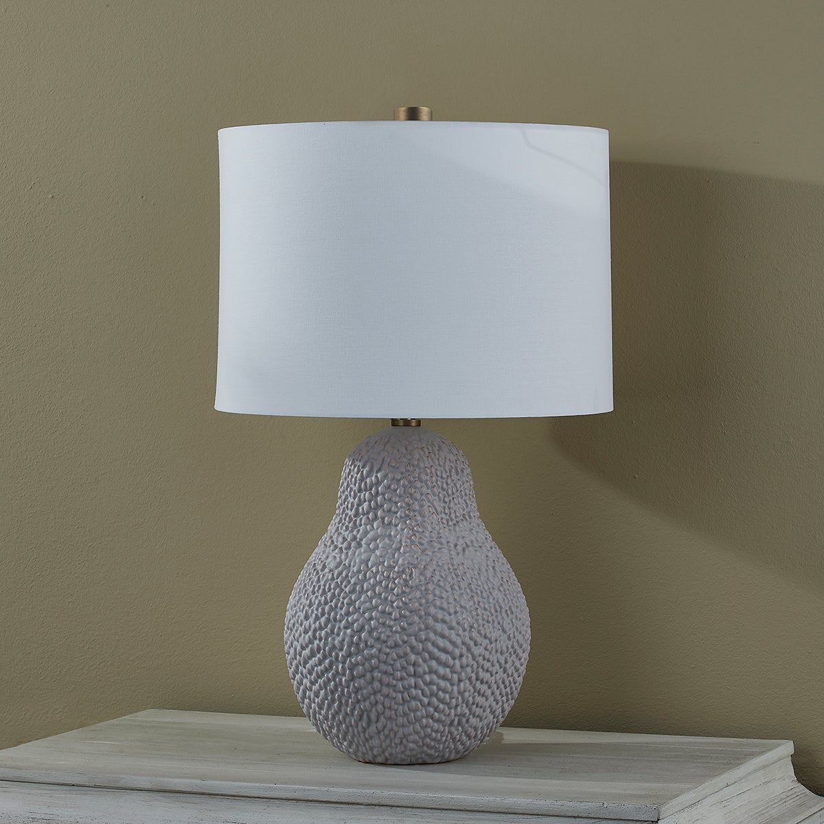 Crater Table Lamp by Troy Lighting, 25.5" Height, Dimmer, Patina Brass Finish, White Linen Shade