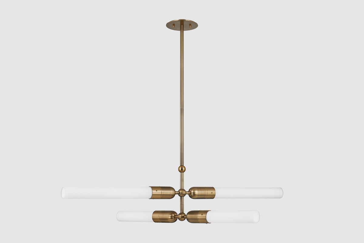 Darby Chandelier by Troy Lighting F1450-PBR, 4-Light Patina Brass Finish with Etched Glass Tubes