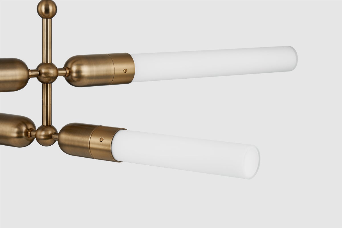 Darby Chandelier by Troy Lighting F1450-PBR, 4-Light Patina Brass Finish with Etched Glass Tubes
